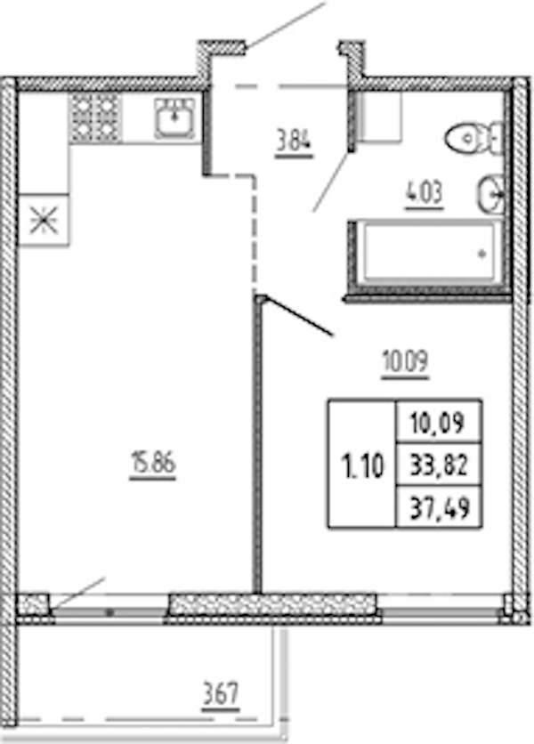 1-комнатная квартира 33.82 м², 18/22 эт., ЖК «Новые горизонты 2»